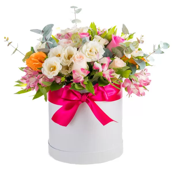 Arreglo de flores mixtas en caja redonda